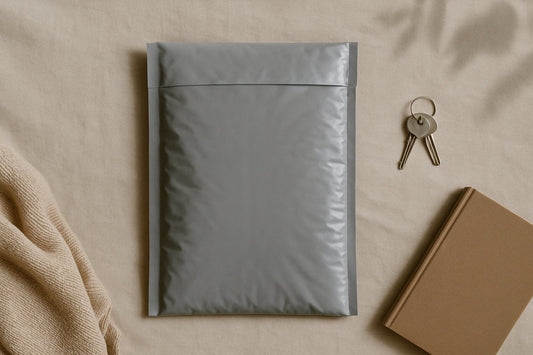 Grey discreet mailer bag on neutral fabric surface with keys and book nearby
