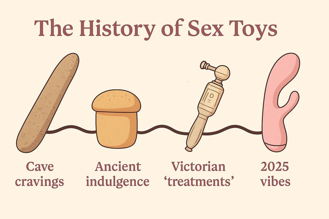 Playful illustrated timeline showing the evolution of sex toys from ancient stone tools to modern vibrators.