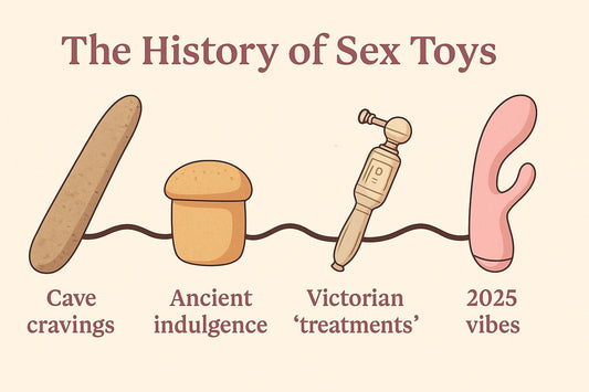 Playful illustrated timeline showing the evolution of sex toys from ancient stone tools to modern vibrators.