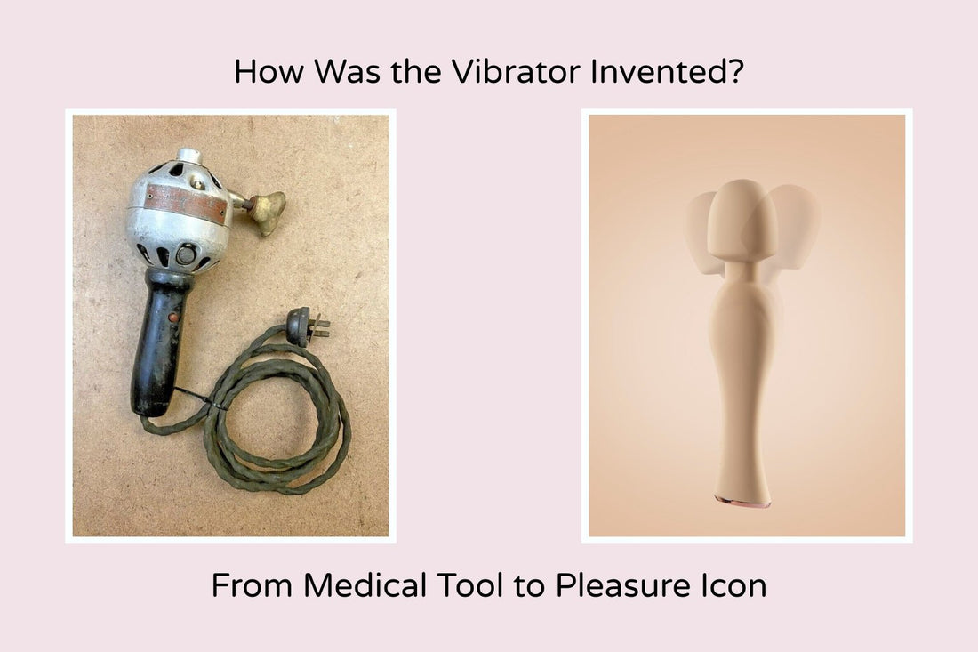 Side-by-side image of the first vintage vibrator and a modern wand vibrator, with text: How Was the Vibrator Invented? From Medical Tool to Pleasure Icon