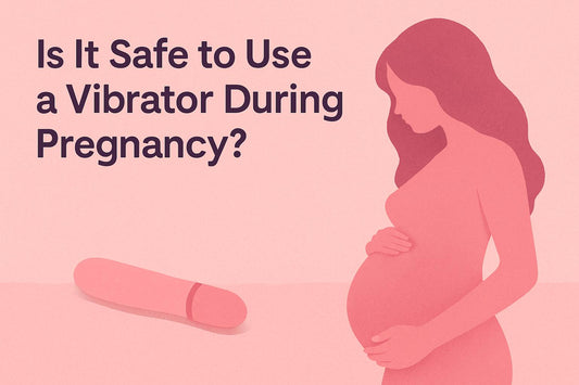 Illustration of a pregnant woman with text asking "Is it safe to use a vibrator during pregnancy?" on a soft pink background