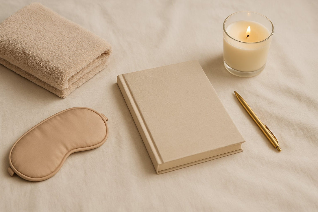 Flatlay of a journal, sleep mask, candle, pen, and folded towel on a soft beige surface, evoking calm and self-care