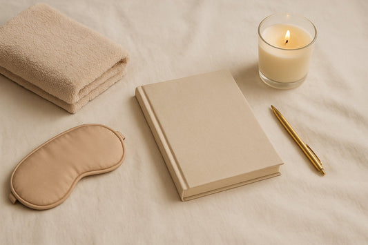 Flatlay of a journal, sleep mask, candle, pen, and folded towel on a soft beige surface, evoking calm and self-care