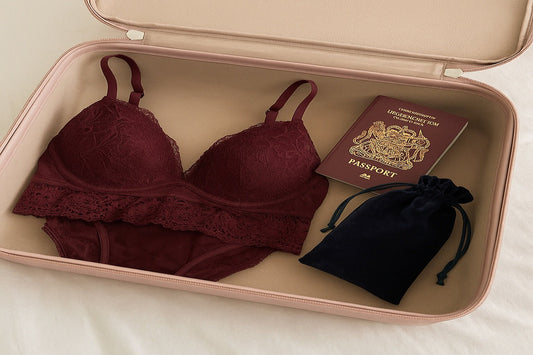 Open pastel pink suitcase on a bed, with a burgundy lace bralette, UK passport, and velvet pouch neatly packed inside — styled for a discreet weekend getaway.