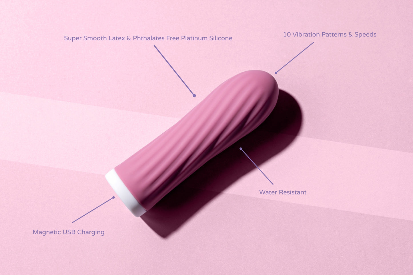Compact pink bullet vibrator on a pink surface with labeled features: 10 vibration patterns and speeds, magnetic USB charging, water resistance, and body-safe platinum-grade silicone.