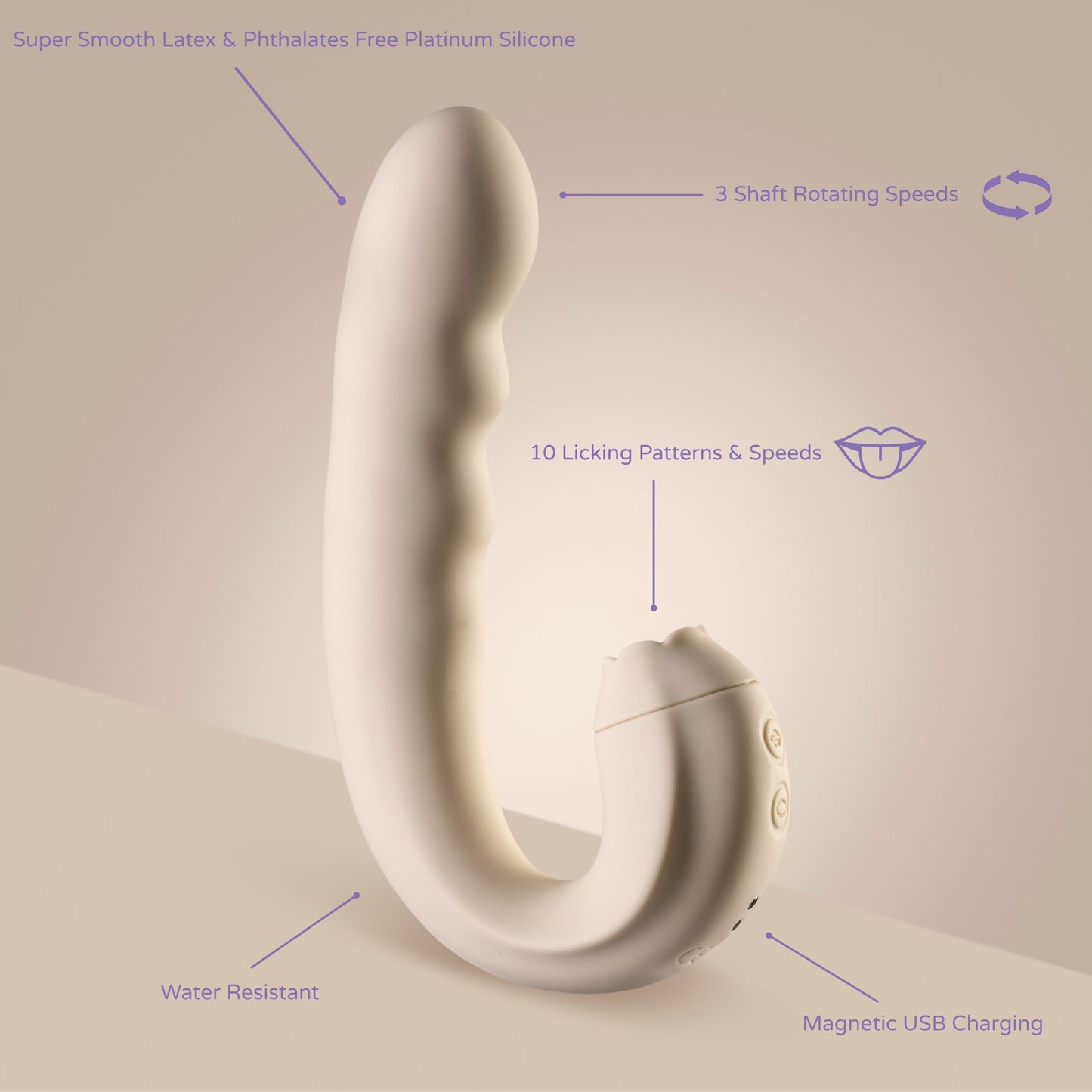 Curved vibrator with labelled features: 3 rotating shaft speeds, 10 licking patterns and speeds, magnetic USB charging, water resistance, and super smooth platinum-grade silicone.