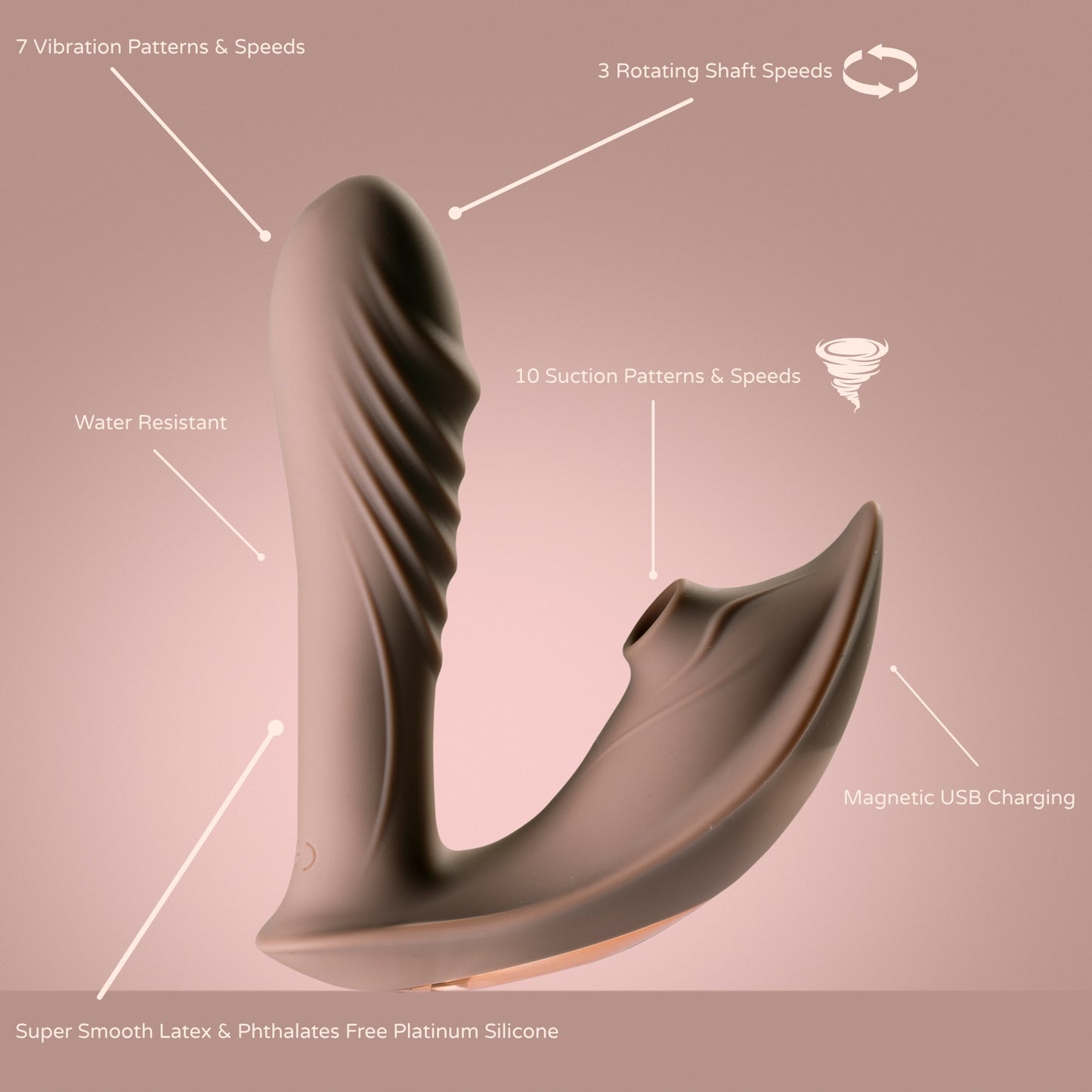 Curved suction-head vibrator with labeled features: 7 vibration patterns, 3 rotating shaft speeds, 10 suction modes, water resistance, magnetic USB charging, and platinum-grade body-safe silicone.