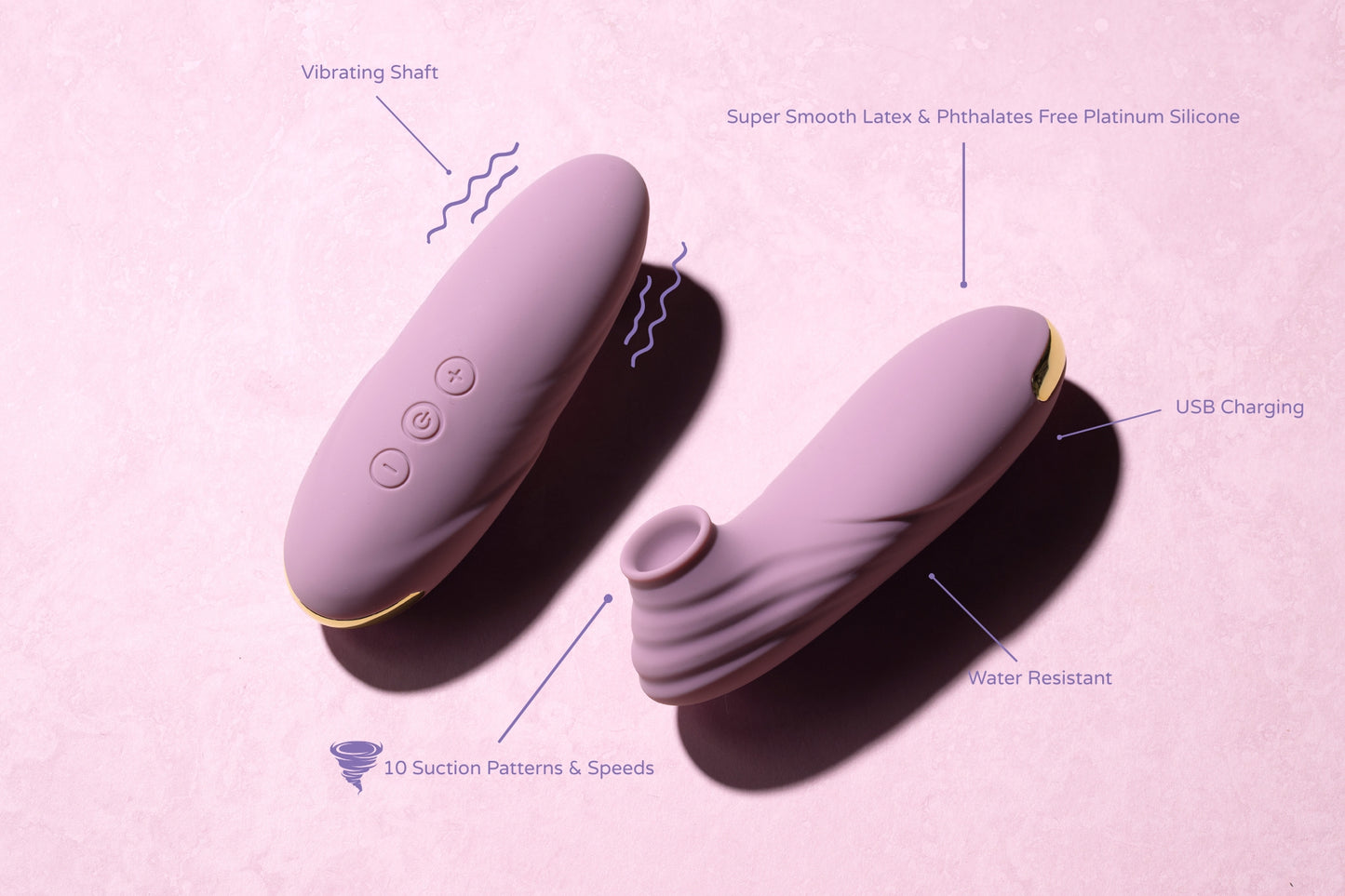 Two rose-toned vibrators shown on a pink surface with labeled features: vibrating shaft, 10 suction patterns, water resistance, USB charging, and body-safe platinum-grade silicone.