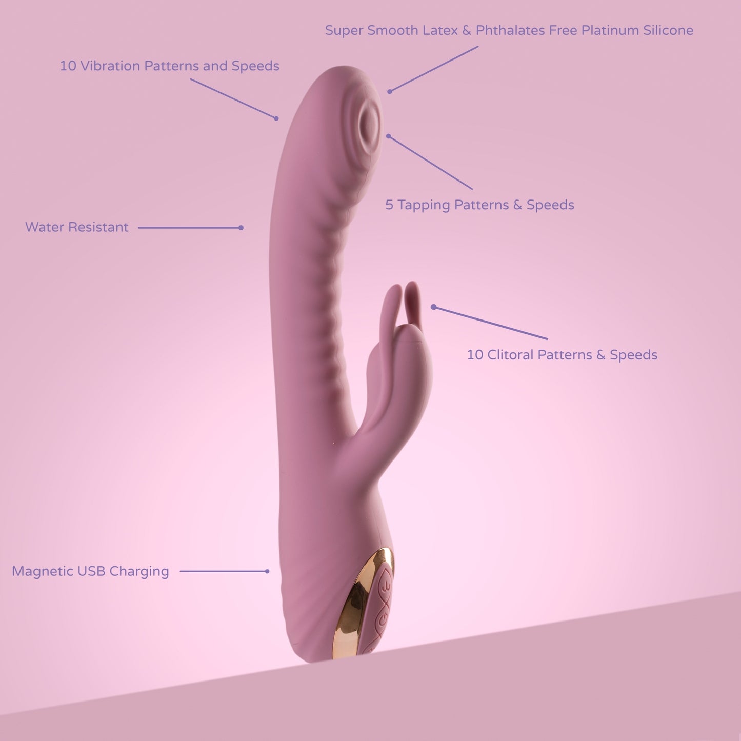 Soft pink rabbit vibrator with labelled features: 10 vibration patterns, 10 clitoral speeds, 5 tapping modes, water resistance, magnetic USB charging, and body-safe platinum-grade silicone.