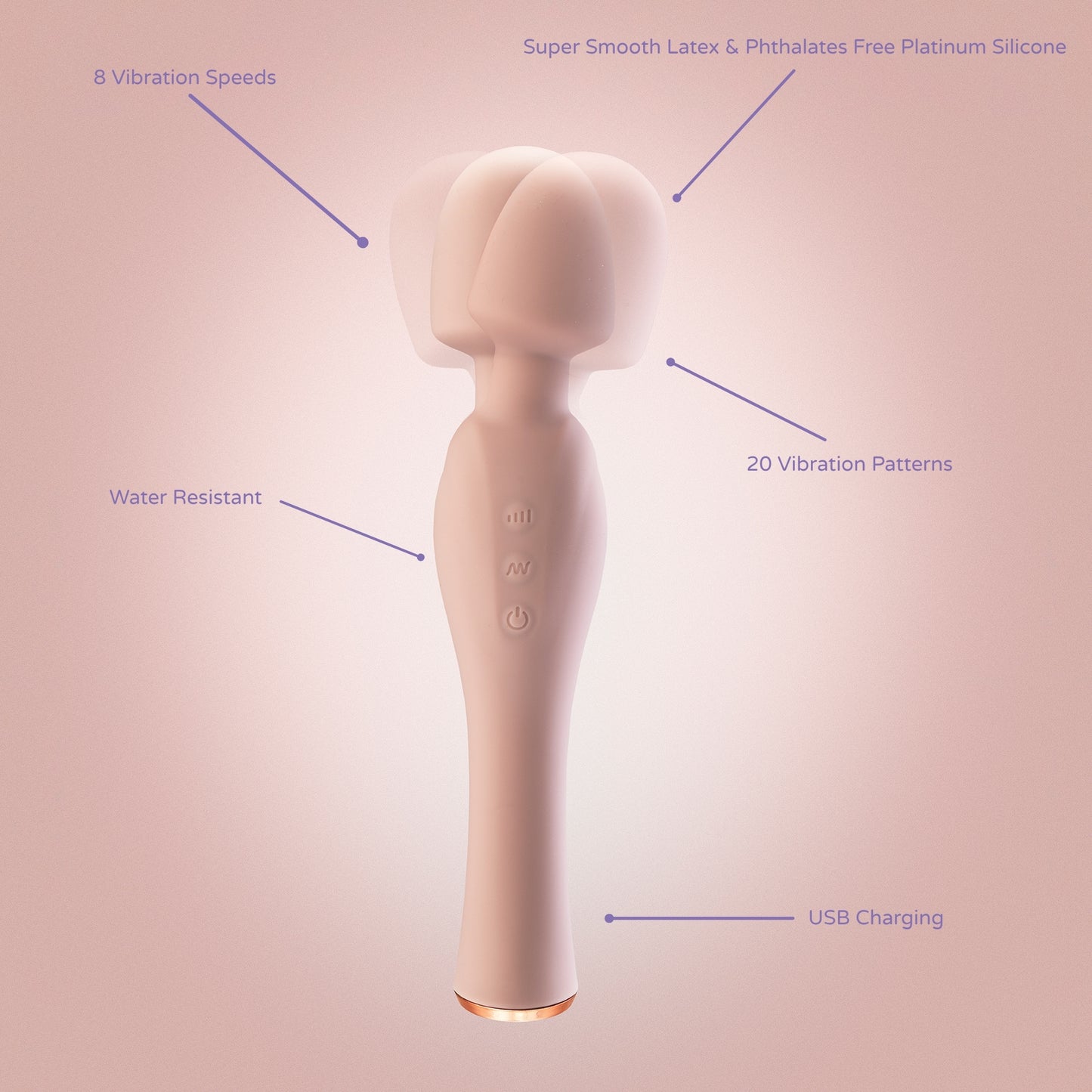 Soft pink wand vibrator with labeled callouts showing its features: 8 vibration speeds, 20 vibration patterns, USB charging, water resistance, and body-safe platinum silicone.