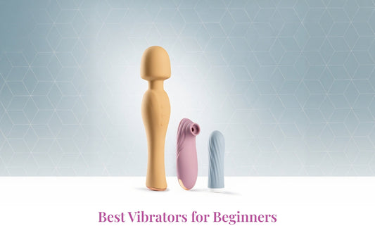 Best vibrators for beginners displayed on a soft pastel background, featuring a wand vibrator, clitoral suction toy, and compact bullet vibrator.