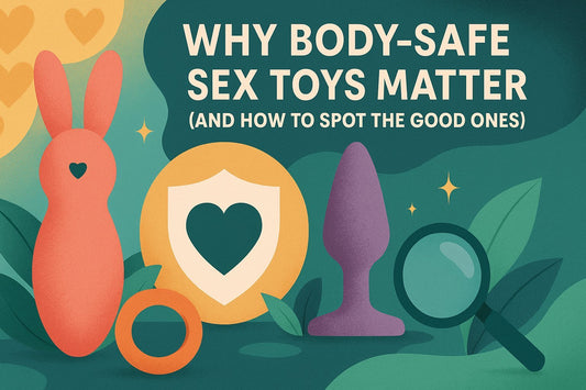 Illustration of body-safe sex toys with shield, magnifying glass, and hearts, featuring blog title text