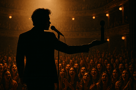 Silhouette of a performer holding up a vibrator on stage in front of a cheering crowd, symbolizing celebrity hype in product marketing