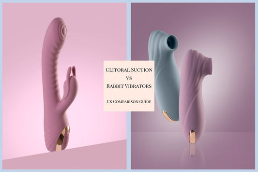 Side-by-side image of a pink rabbit vibrator and two clitoral suction vibrators with text reading Clitoral Suction vs Rabbit Vibrators UK Comparison Guide.