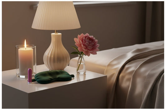 Elegant bedside setup with a pink vibrator, candle, and flower under soft warm lighting — symbolising confidence and self-care for beginners from SmootherVibes.