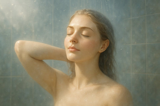 Woman with closed eyes enjoying a peaceful shower moment, soft lighting and water droplets on tiled background