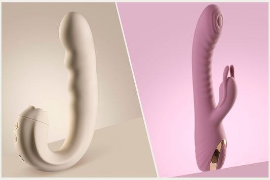 Side-by-side image of rabbit vibrator and clitoral licking vibrator for blog comparing dual vs oral-style stimulation