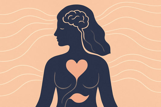 Abstract illustration of a woman with heart and brain connected, symbolizing emotional and physical wellness