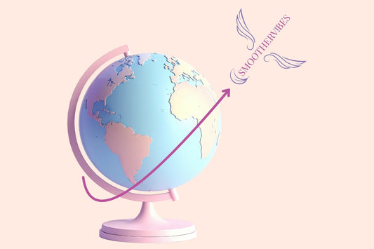 Pastel pink globe with SmootherVibes logo flying in an upward path, symbolising tracked international delivery across Europe.