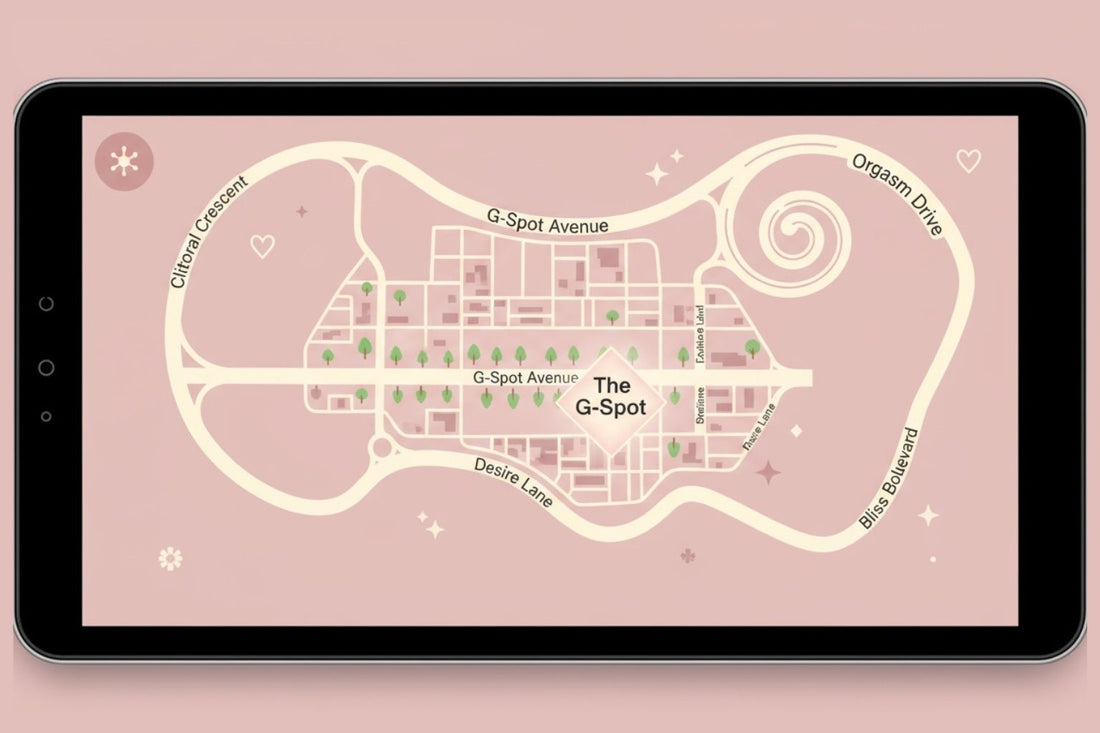 Playful sat nav map showing “The G-Spot” destination with streets like Clitoral Crescent, Desire Lane, and Bliss Boulevard in a pink minimalist design.