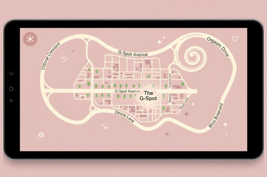Playful sat nav map showing “The G-Spot” destination with streets like Clitoral Crescent, Desire Lane, and Bliss Boulevard in a pink minimalist design.