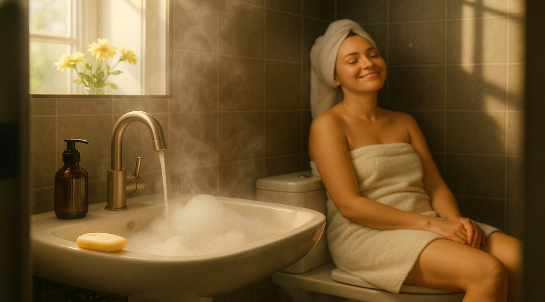 Woman relaxing in a towel next to a steaming sink with bubbles and warm lighting, evoking a calming, self-care moment
