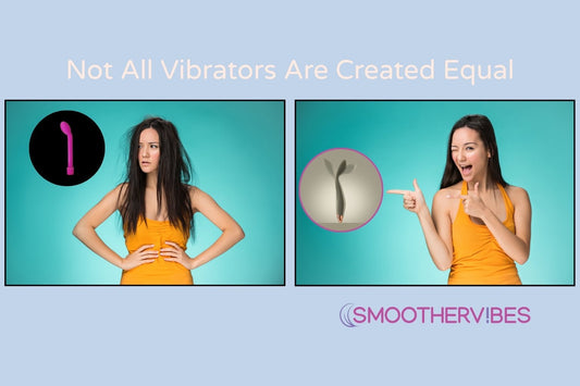Split image of a woman looking frustrated with a basic vibrator, next to her smiling with a premium design. Text reads: Not All Vibrators Are Created Equal.