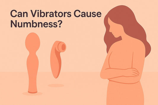 Flat-style illustration of a woman with crossed arms looking at two vibrators, with text reading “Can Vibrators Cause Numbness?” on a warm peach background.
