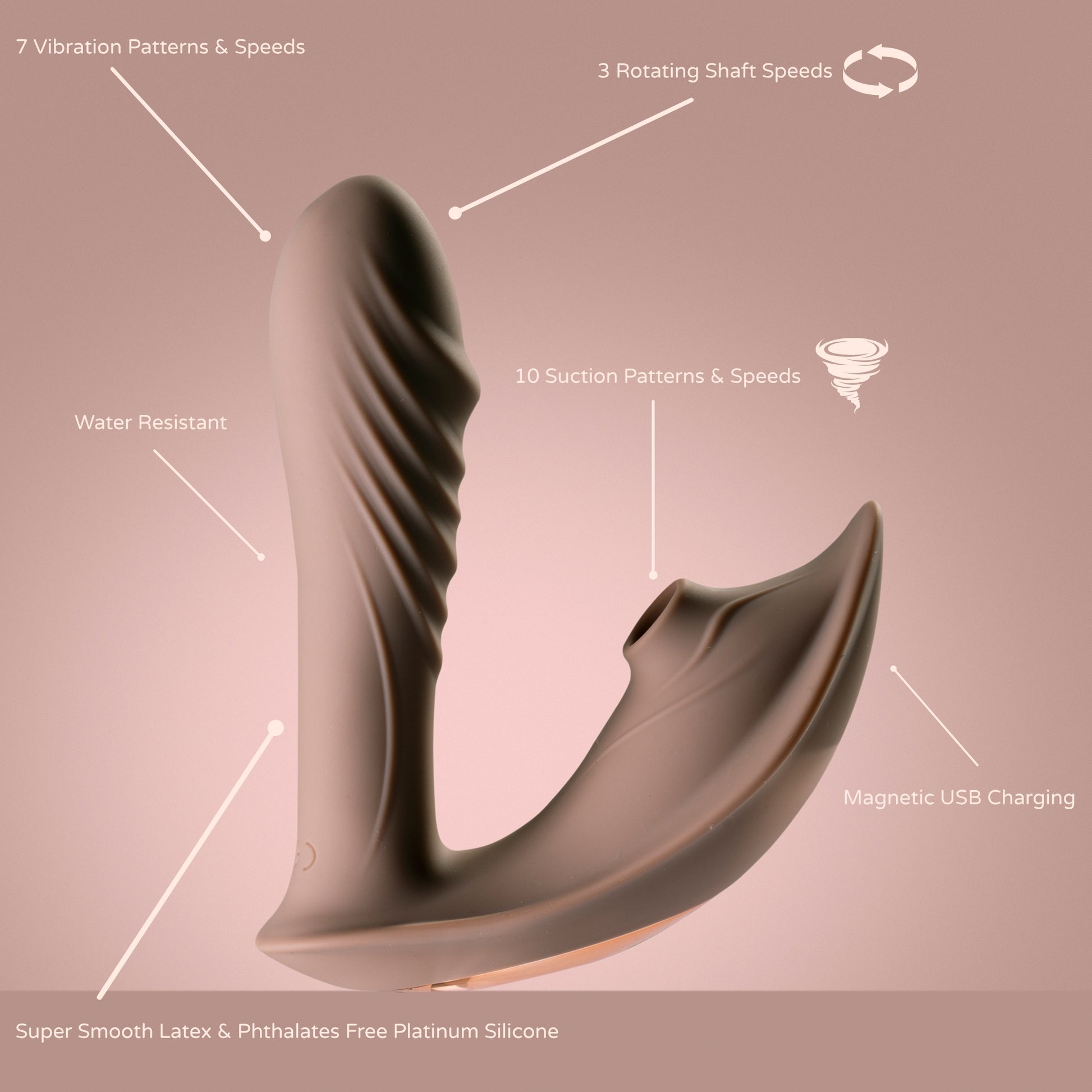 Curved suction-head vibrator with labeled features: 7 vibration patterns, 3 rotating shaft speeds, 10 suction modes, water resistance, magnetic USB charging, and platinum-grade body-safe silicone.