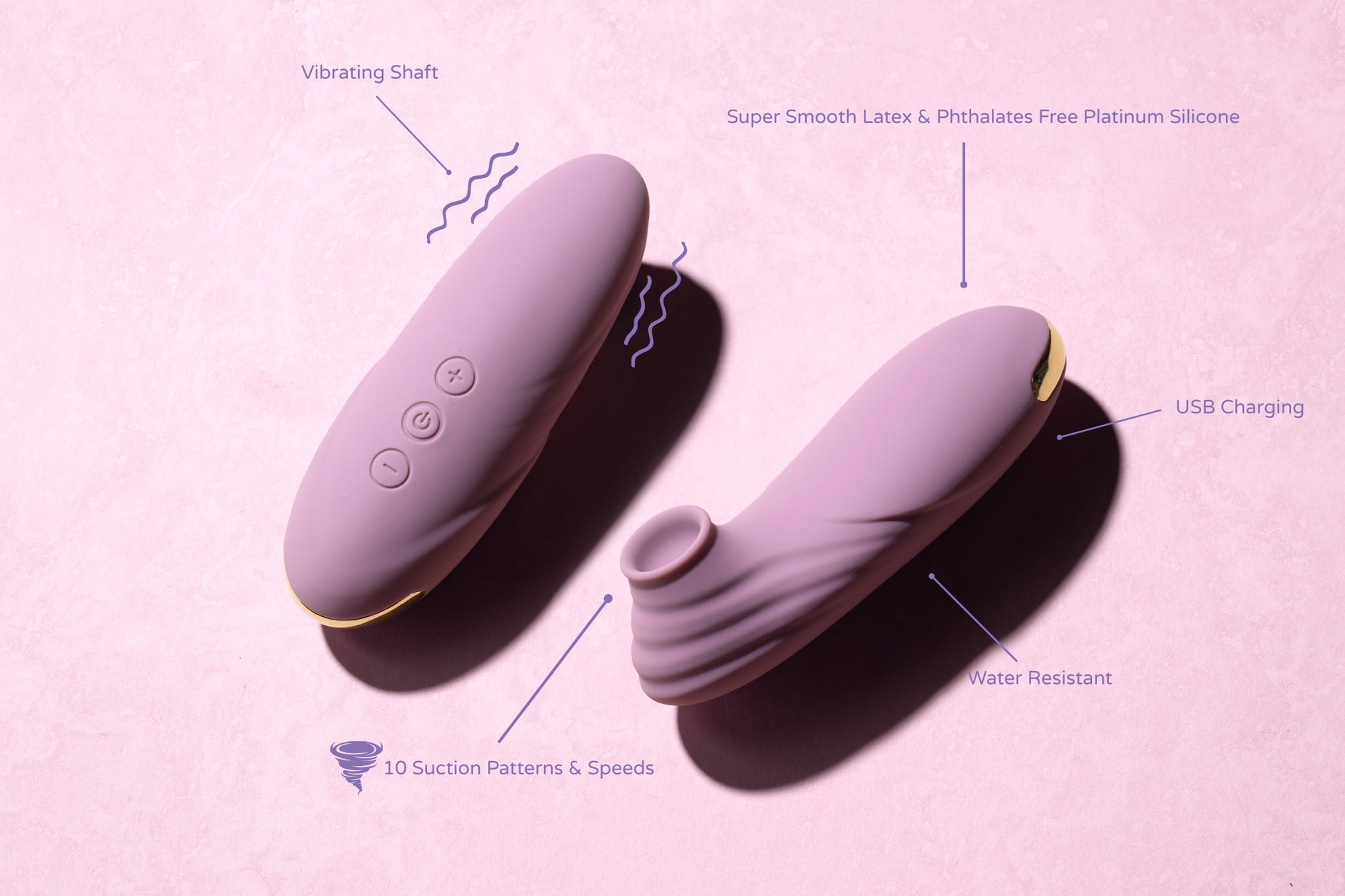 Two rose-toned vibrators shown on a pink surface with labeled features: vibrating shaft, 10 suction patterns, water resistance, USB charging, and body-safe platinum-grade silicone.