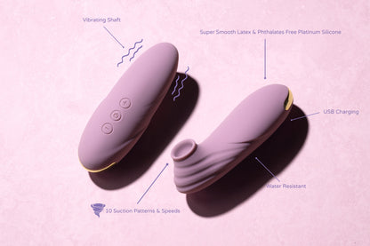 Two rose-toned vibrators shown on a pink surface with labeled features: vibrating shaft, 10 suction patterns, water resistance, USB charging, and body-safe platinum-grade silicone.
