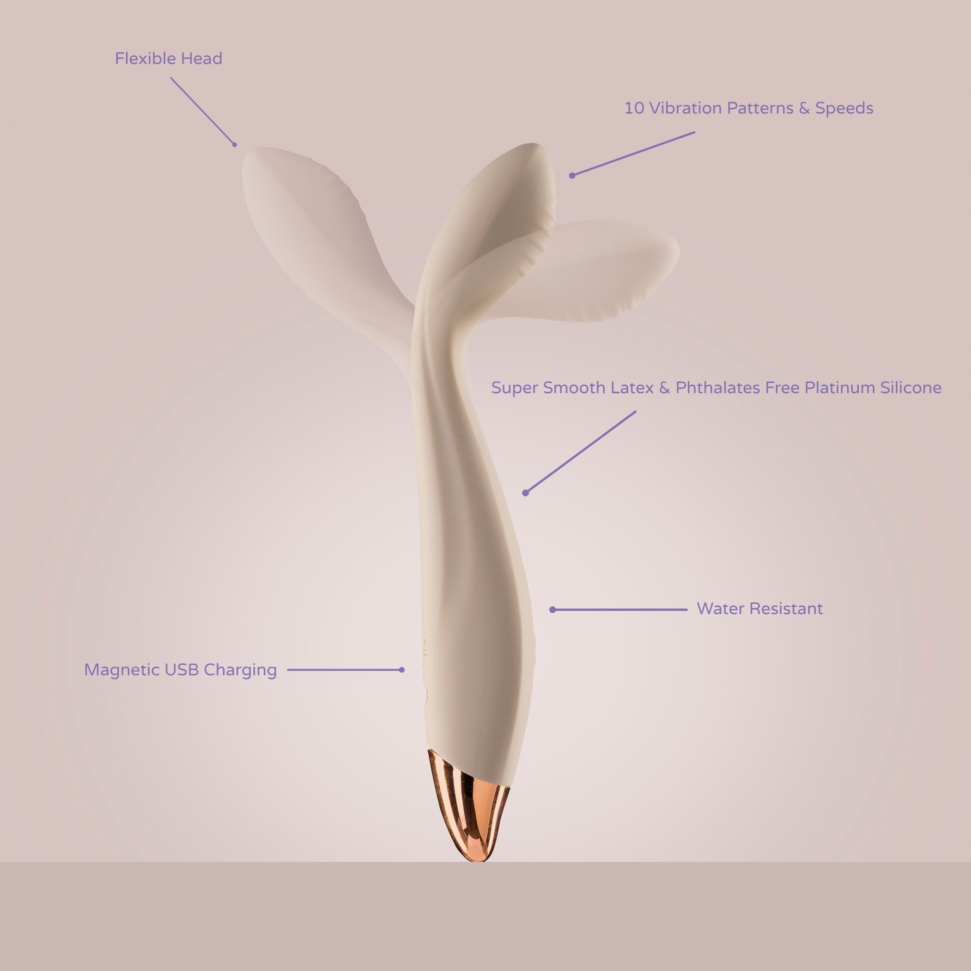 Elegant dual-pronged vibrator with flexible head, shown with labelled features: 10 vibration patterns and speeds, magnetic USB charging, water resistance, and soft platinum-grade body-safe silicone.