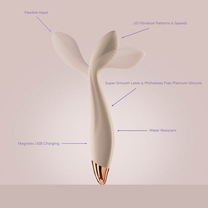 Elegant dual-pronged vibrator with flexible head, shown with labelled features: 10 vibration patterns and speeds, magnetic USB charging, water resistance, and soft platinum-grade body-safe silicone.