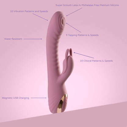 Soft pink rabbit vibrator with labelled features: 10 vibration patterns, 10 clitoral speeds, 5 tapping modes, water resistance, magnetic USB charging, and body-safe platinum-grade silicone.