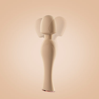 Yellow wand vibrator standing upright with motion in head, off-white background
